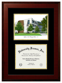 California State University, Fullerton Double Opening with Campus Image (Unimprinted Mat) Frame in Honors Mahogany with Black & Gold Mats for  8 1/2"h x 11"w  