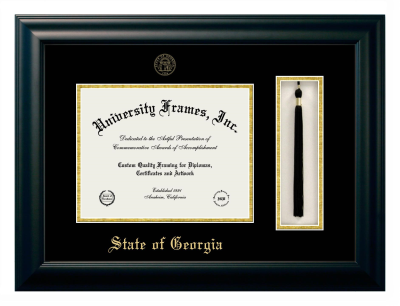 State of Georgia Diploma with Tassel Box Frame in Satin Black with Black & Gold Mats for document: 8 1/2"h x 11"w  