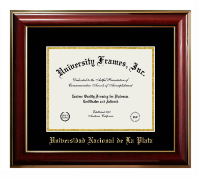 Universidad Nacional de La Plata Diploma Frame in Classic Mahogany with Gold Trim with Black & Gold Mats for document: 8 1/2"h x 11"w  