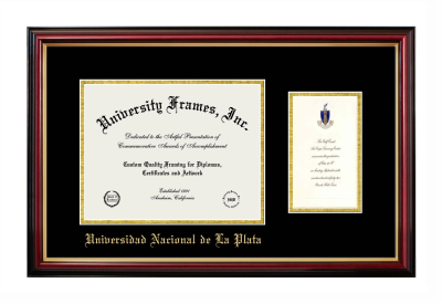Universidad Nacional de La Plata Diploma with Announcement Frame in Petite Mahogany with Gold Trim with Black & Gold Mats for document: 8 1/2"h x 11"w  , diploma: 7"h x 4"w  