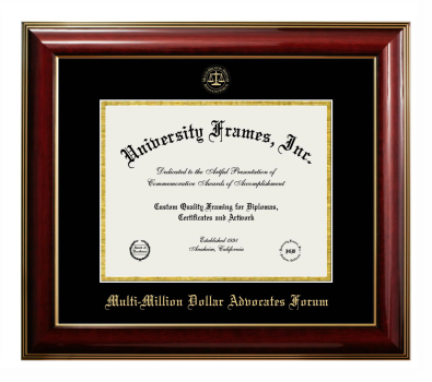 Multi-Million Dollar Advocates Forum Diploma Frame in Classic Mahogany with Gold Trim with Black & Gold Mats for document: 8 1/2"h x 11"w  