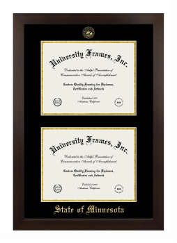 State of Minnesota Double Diploma Frame in Manhattan Espresso with Black & Gold Mats for document: 8 1/2"h x 11"w  , document: 8 1/2"h x 11"w  