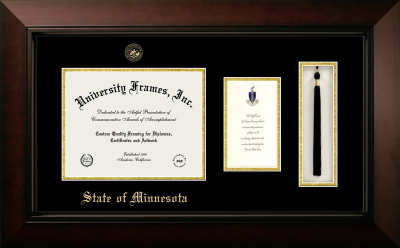 State of Minnesota Diploma with Announcement & Tassel Box Frame in Legacy Black Cherry with Black & Gold Mats for document: 8 1/2"h x 11"w  , diploma: 7"h x 4"w  