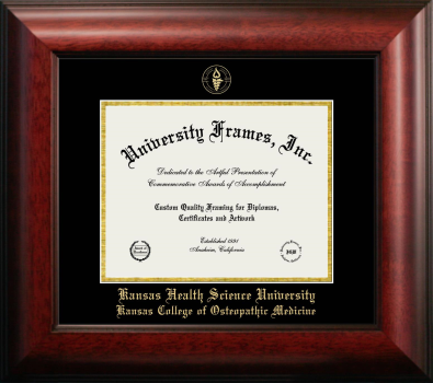Kansas Health Science University Kansas College of Osteopathic Medicine Diploma Frame in Satin Mahogany with Black & Gold Mats for document: 8 1/2"h x 11"w  