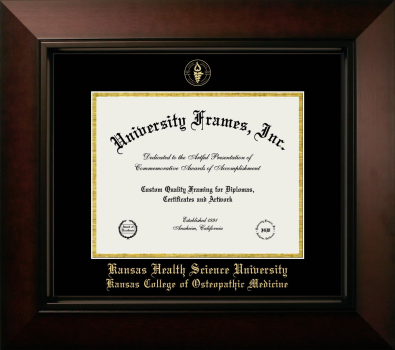 Kansas Health Science University Kansas College of Osteopathic Medicine Diploma Frame in Legacy Black Cherry with Black & Gold Mats for document: 8 1/2"h x 11"w  