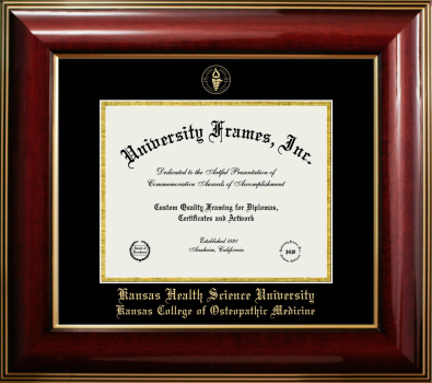 Kansas Health Science University Kansas College of Osteopathic Medicine Diploma Frame in Classic Mahogany with Gold Trim with Black & Gold Mats for document: 8 1/2"h x 11"w  