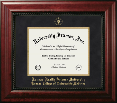 Kansas Health Science University Kansas College of Osteopathic Medicine Diploma Frame in Executive with Gold Fillet with Black Suede Mat for document: 8 1/2"h x 11"w  