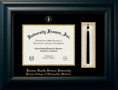 Kansas Health Science University Kansas College of Osteopathic Medicine Diploma with Tassel Box Frame in Satin Black with Black & Gold Mats for document: 8 1/2"h x 11"w  