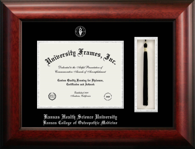 Kansas Health Science University Kansas College of Osteopathic Medicine Diploma with Tassel Box Frame in Satin Mahogany with Black & Silver Mats for document: 8 1/2"h x 11"w  