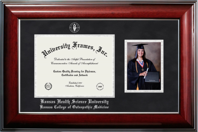 Kansas Health Science University Kansas College of Osteopathic Medicine Diploma with 5 x 7 Portrait Frame in Classic Mahogany with Silver Trim with Black Suede & Silver Mats for document: 8 1/2"h x 11"w  