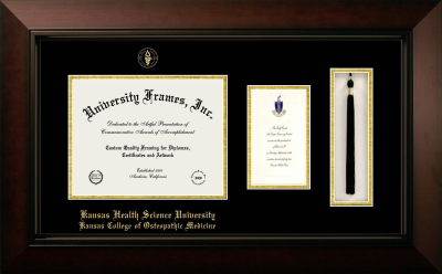 Kansas Health Science University Kansas College of Osteopathic Medicine Diploma with Announcement & Tassel Box Frame in Legacy Black Cherry with Black & Gold Mats for document: 8 1/2"h x 11"w  , diploma: 7"h x 4"w  
