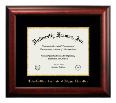 Tolo-E-Aftab Institute of Higher Education Diploma Frame in Satin Mahogany with Black & Gold Mats for document: 8 1/2"h x 11"w  