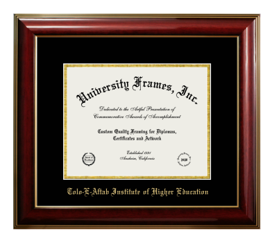 Tolo-E-Aftab Institute of Higher Education Diploma Frame in Classic Mahogany with Gold Trim with Black & Gold Mats for document: 8 1/2"h x 11"w  