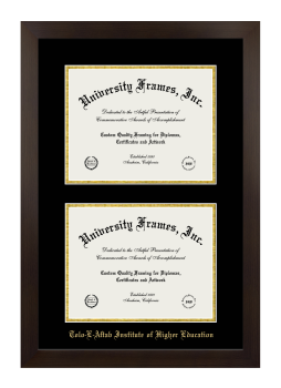 Tolo-E-Aftab Institute of Higher Education Double Diploma Frame in Manhattan Espresso with Black & Gold Mats for document: 8 1/2"h x 11"w  , document: 8 1/2"h x 11"w  