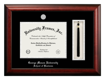 George Mason University School of Business Diploma with Tassel Box Frame in Satin Mahogany with Black & Silver Mats for document: 8 1/2"h x 11"w  