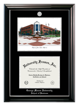 George Mason University School of Business Double Opening with Campus Image (Stacked) Frame in Classic Ebony with Silver Trim with Black & Silver Mats for document: 8 1/2"h x 11"w  