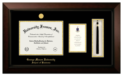 George Mason University School of Business Diploma with Announcement & Tassel Box Frame in Legacy Black Cherry with Black & Gold Mats for document: 8 1/2"h x 11"w  , diploma: 7"h x 4"w  