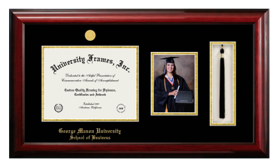 George Mason University School of Business Diploma with 5 x 7 Portrait & Tassel Box Frame in Classic Mahogany with Black & Gold Mats for document: 8 1/2"h x 11"w  