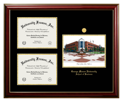 George Mason University School of Business Triple Opening with Campus Image Frame in Classic Mahogany with Gold Trim with Black & Gold Mats for document: 8 1/2"h x 11"w  , document: 8 1/2"h x 11"w  