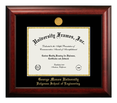 George Mason University Volgenau School of Engineering Diploma Frame in Satin Mahogany with Black & Gold Mats for document: 8 1/2"h x 11"w  