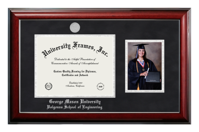 George Mason University Volgenau School of Engineering Diploma with 5 x 7 Portrait Frame in Classic Mahogany with Silver Trim with Black Suede & Silver Mats for document: 8 1/2"h x 11"w  