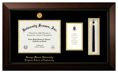 George Mason University Volgenau School of Engineering Diploma with Announcement & Tassel Box Frame in Legacy Black Cherry with Black & Gold Mats for document: 8 1/2"h x 11"w  , diploma: 7"h x 4"w  