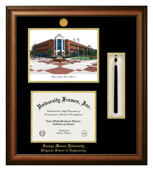 George Mason University Volgenau School of Engineering Double Opening with Campus Image & Tassel Box (Stacked) Frame in Satin Walnut with Black & Gold Mats for document: 8 1/2"h x 11"w  