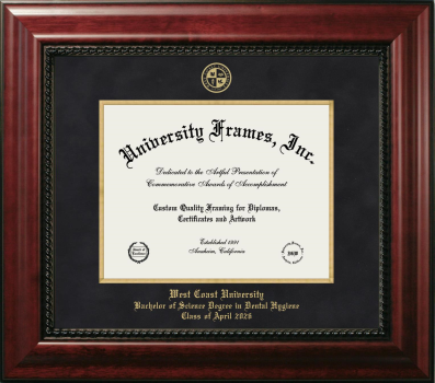 West Coast University Bachelor of Science Degree in Dental Hygiene Class of April 2026 Diploma Frame in Executive with Gold Fillet with Black Suede Mat for document: 8 1/2"h x 11"w  