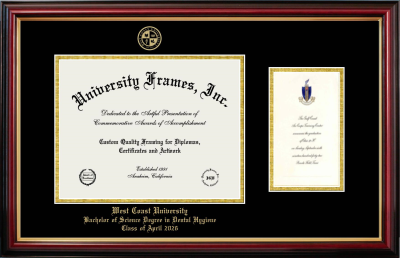 West Coast University Bachelor of Science Degree in Dental Hygiene Class of April 2026 Diploma with Announcement Frame in Petite Mahogany with Gold Trim with Black & Gold Mats for document: 8 1/2"h x 11"w  , diploma: 7"h x 4"w  