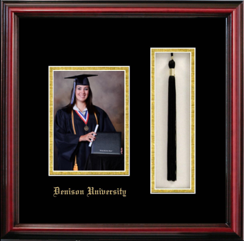 Denison University 5 x 7 Portrait with Tassel Box Frame in Petite Cherry with Black & Gold Mats