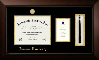Denison University Diploma with Announcement & Tassel Box Frame in Legacy Black Cherry with Black & Gold Mats for  8 1/2"h x 11"w  , diploma: 7"h x 4"w  