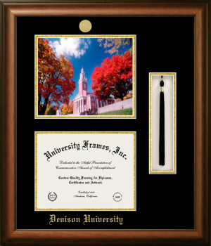 Denison University Double Opening with Campus Image & Tassel Box (Stacked) Frame in Satin Walnut with Black & Gold Mats for  8 1/2"h x 11"w  