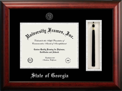 State of Georgia Diploma with Tassel Box Frame in Satin Mahogany with Black & Silver Mats for document: 8 1/2"h x 11"w  