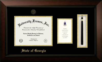 State of Georgia Diploma with Announcement & Tassel Box Frame in Legacy Black Cherry with Black & Gold Mats for document: 8 1/2"h x 11"w  , diploma: 7"h x 4"w  