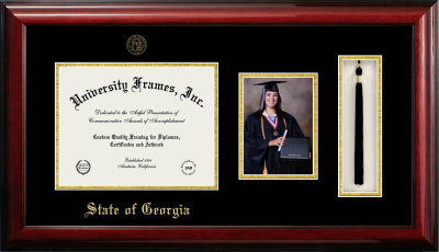 State of Georgia Diploma with 5 x 7 Portrait & Tassel Box Frame in Classic Mahogany with Black & Gold Mats for document: 8 1/2"h x 11"w  