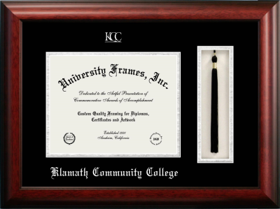 Klamath Community College Diploma with Tassel Box Frame in Satin Mahogany with Black & Silver Mats for document: 8 1/2"h x 11"w  
