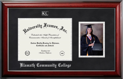 Klamath Community College Diploma with 5 x 7 Portrait Frame in Classic Mahogany with Silver Trim with Black Suede & Silver Mats for document: 8 1/2"h x 11"w  