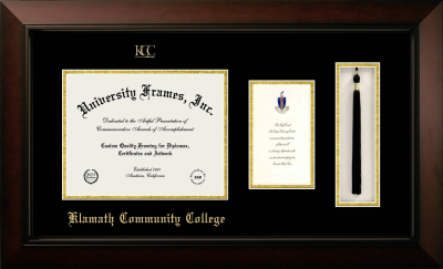 Klamath Community College Diploma with Announcement & Tassel Box Frame in Legacy Black Cherry with Black & Gold Mats for document: 8 1/2"h x 11"w  , diploma: 7"h x 4"w  