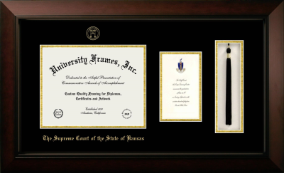 The Supreme Court of the State of Kansas Diploma with Announcement & Tassel Box Frame in Legacy Black Cherry with Black & Gold Mats for document: 8 1/2"h x 11"w  , diploma: 7"h x 4"w  