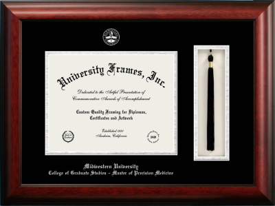 Midwestern University College of Graduate Studies – Master of Precision Medicine Diploma with Tassel Box Frame in Satin Mahogany with Black & Silver Mats for document: 8 1/2"h x 11"w  