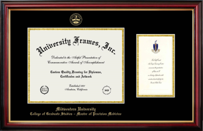 Midwestern University College of Graduate Studies – Master of Precision Medicine Diploma with Announcement Frame in Petite Mahogany with Gold Trim with Black & Gold Mats for document: 8 1/2"h x 11"w  , diploma: 7"h x 4"w  