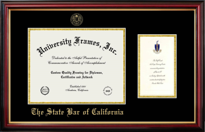 The State Bar of California Diploma with Announcement Frame in Petite Mahogany with Gold Trim with Black & Gold Mats for document: 8 1/2"h x 11"w  , diploma: 7"h x 4"w  