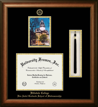 Hillsdale College Van Andel Graduate School of Statesmanship Double Opening with Campus Image & Tassel Box (Stacked) Frame in Satin Walnut with Black & Gold Mats for document: 8 1/2"h x 11"w  