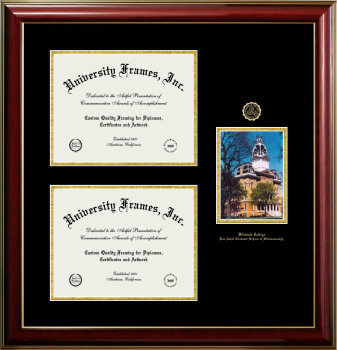 Hillsdale College Van Andel Graduate School of Statesmanship Triple Opening with Campus Image Frame in Classic Mahogany with Gold Trim with Black & Gold Mats for document: 8 1/2"h x 11"w  , document: 8 1/2"h x 11"w  