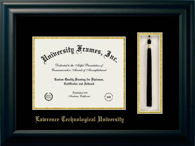 Lawrence Technological University Diploma with Tassel Box Frame in Satin Black with Black & Gold Mats for document: 8 1/2"h x 11"w  