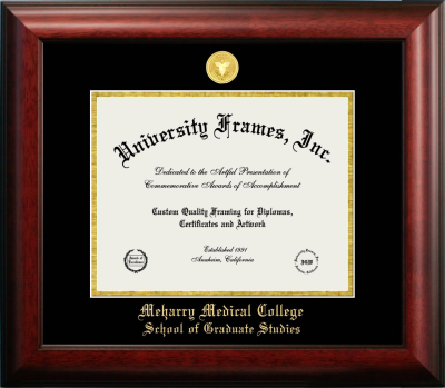 Meharry Medical College School of Graduate Studies Diploma Frame in Satin Mahogany with Black & Gold Mats for document: 8 1/2"h x 11"w  