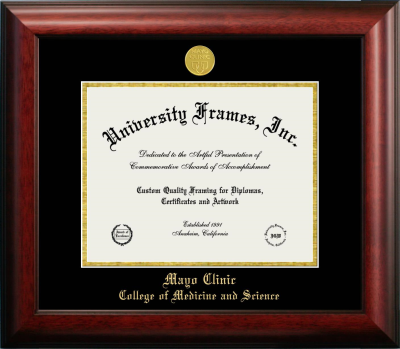 Mayo Clinic College of Medicine and Science Diploma Frame in Satin Mahogany with Black & Gold Mats for document: 8 1/2"h x 11"w  