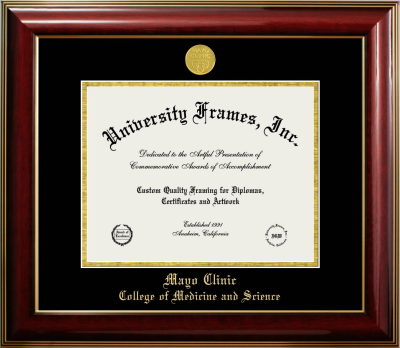 Mayo Clinic College of Medicine and Science Diploma Frame in Classic Mahogany with Gold Trim with Black & Gold Mats for document: 8 1/2"h x 11"w  
