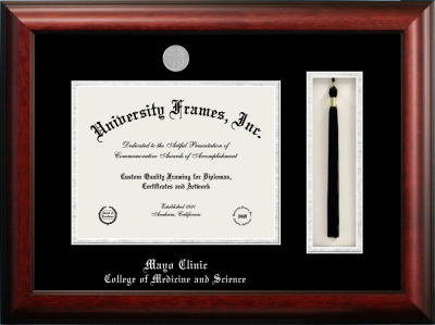 Mayo Clinic College of Medicine and Science Diploma with Tassel Box Frame in Satin Mahogany with Black & Silver Mats for document: 8 1/2"h x 11"w  