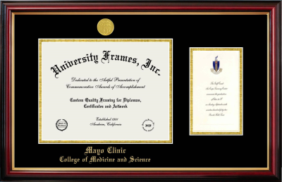 Mayo Clinic College of Medicine and Science Diploma with Announcement Frame in Petite Mahogany with Gold Trim with Black & Gold Mats for document: 8 1/2"h x 11"w  , diploma: 7"h x 4"w  
